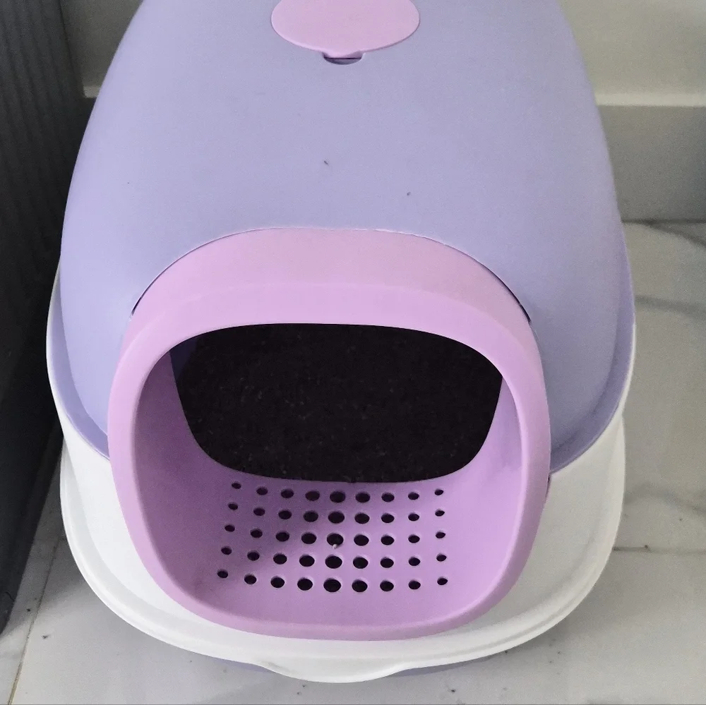 Extra Large Covered Cat Litter Box with Flip Lid Purple And White - Picture 3 of 3